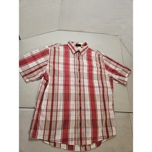Cabela's Button Down Short Sleeve Men's Plaid Shirt Red White Beige Tan Large